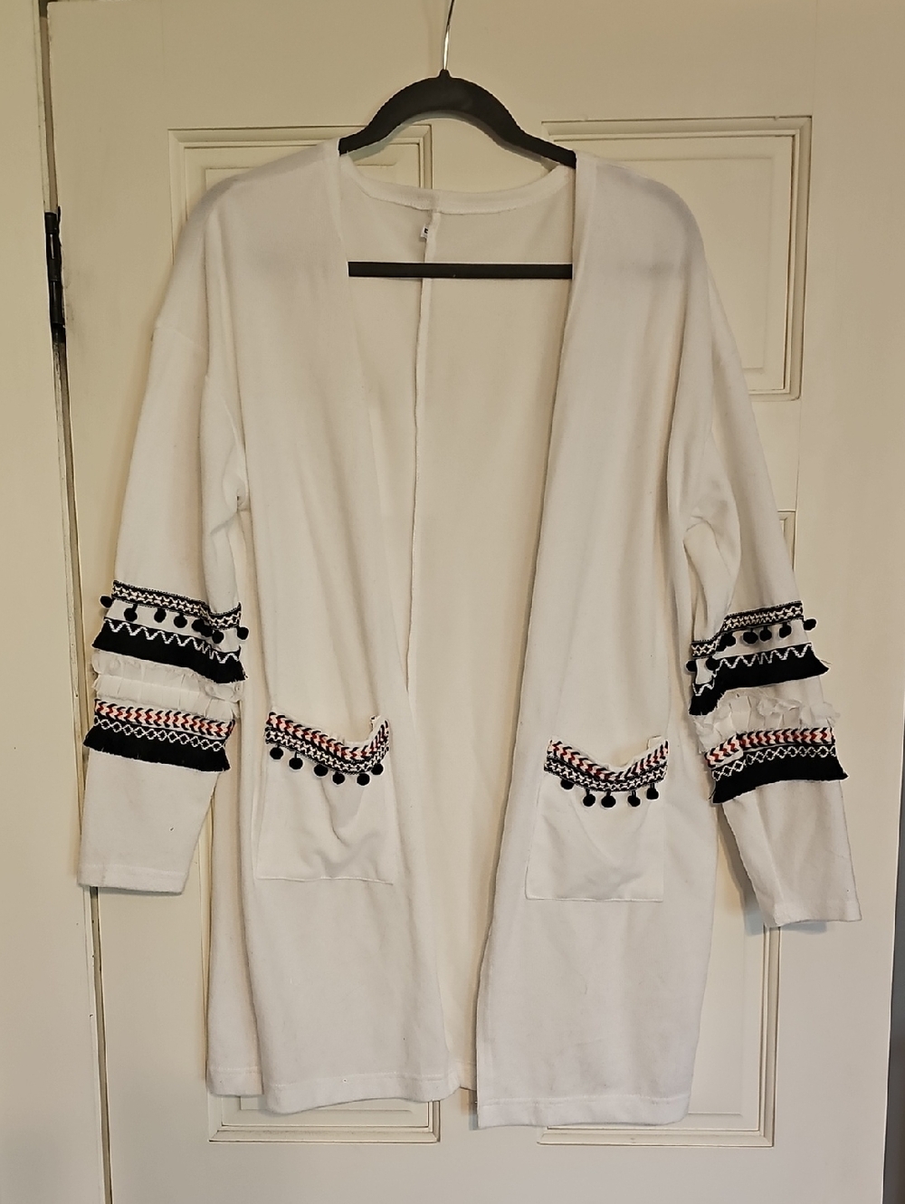 White Open-Front Women's Cardigan with Decorative Trim